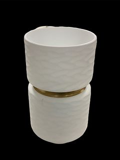 White indoor vase mat finish 14" high with a gold band.