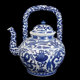 Chinese Ming Style Blue & White Porcelain Tea Pot