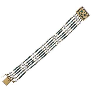 Vintage 18k Gold Enamel Pearl Bracelet