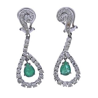 Midcentury 18k Gold Diamond Emerald Drop Earrings