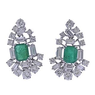 Platinum Diamond Emerald Cluster Earrings