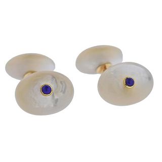 Trianon 14k Gold Mother of Pearl Lapis Cufflinks