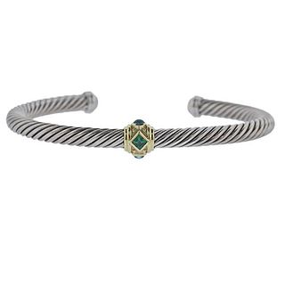 David Yurman Silver 14k Gold Aquamarine Emerald Cable Bracelet