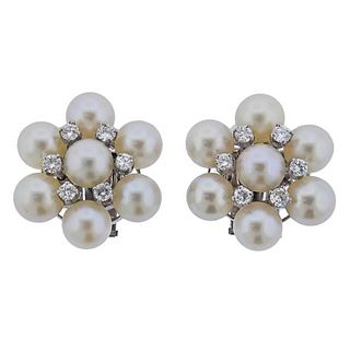 Midcentury 14k Gold Pearl Diamond Cluster Earrings