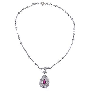 18k Gold Platinum Diamond Ruby Pendant Necklace