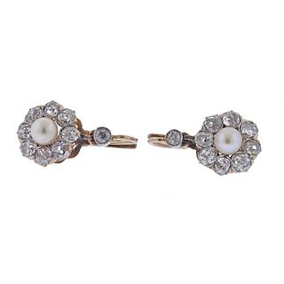 Antique 18k Gold Old Mine Diamond Pearl Earrings