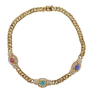 1980s 18k Gold Diamond Sapphire Ruby Emerald Necklace