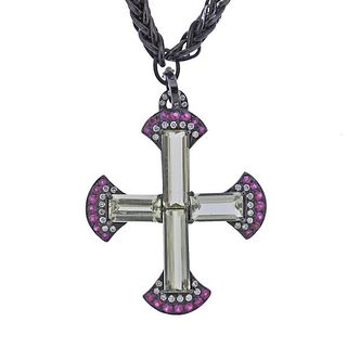 18k Gold Diamond Pink Sapphire Cross Pendant Necklace