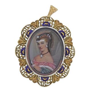 Antique 18k Gold Diamond Miniature Portrait  Brooch Pendant