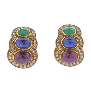 1980s 14k Gold Diamond Ruby Sapphire Emerald Earrings