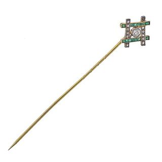 Antique 18k Gold Diamond Emerald Stick Pin 
