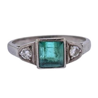 Art Deco 18k Gold Diamond Emerald Engagement Ring