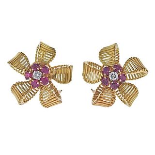 Midcentury 18k Gold Diamond Ruby Flower Earrings