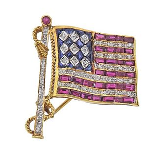 18k Gold Diamond Ruby Sapphire American Flag Brooch Pendant