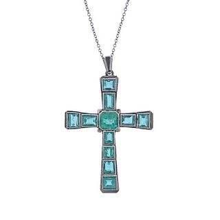 18k 14k Gold Emerald Cross Pendant Necklace