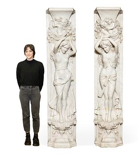 PAIR, WHITE MARBLE FIGURAL PILASTERS, 89" TALL