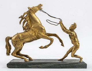 French Gilt Bronze Horse & Trainer Sculpture