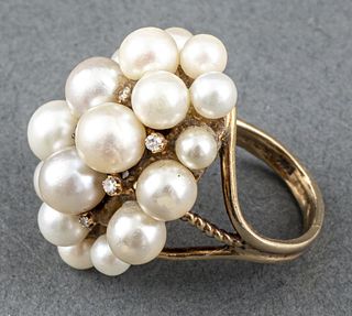 Vintage 14K Gold Cluster Pearl Diamond Dome Ring