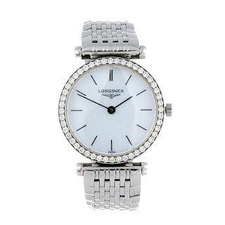 LONGINES - a lady's La Grande Classique bracelet watch. Stainless steel case with factory diamond se