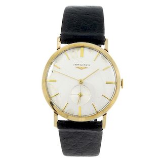 LONGINES - a gentleman's wrist watch. 9ct yellow gold case, hallmarked London, date code rubbed. Num