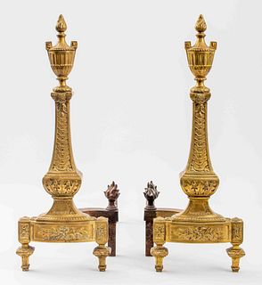 Brass French Neoclassical Andirons, Pair