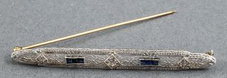 Art Deco 14K Gold Diamond & Sapphire Bar Pin