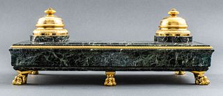 Neoclassical Style Marble Verde & Brass Inkwell