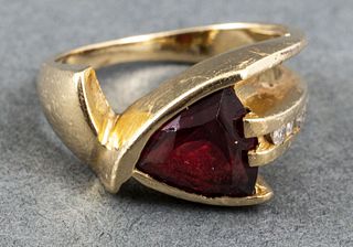 Modernist 14K Yellow Gold Garnet Diamond Ring