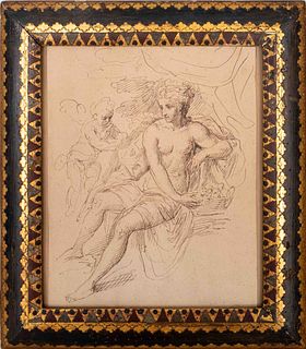 Continental School Ink on Paper of Woman & Putti