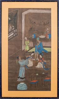 Chinese Silk Painting of a Domestic Scene
