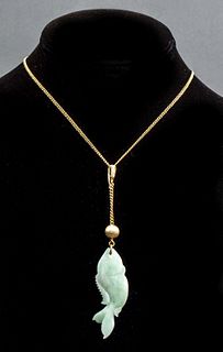 14K Yellow Gold Carved Jade Fish Motif Necklace