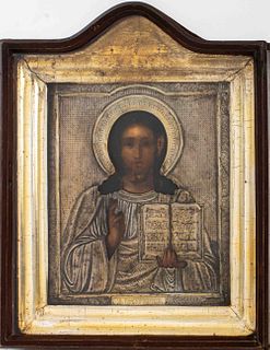 Ukrainian Icon of Christ with Gilded Silver Oklad