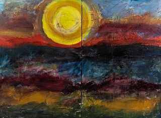 Abstract Mid Century Sunrise Diptych Oil Painting 