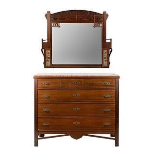 Early 20th C Art Nouveau Mahogany Dresser and Mirror