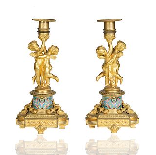 PAIR OF CHAMPLEVE CANDELABRAS