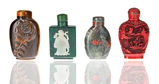GROUP OF FOUR CHINESE STONE AND LACQUER SNUFF BOTTLES