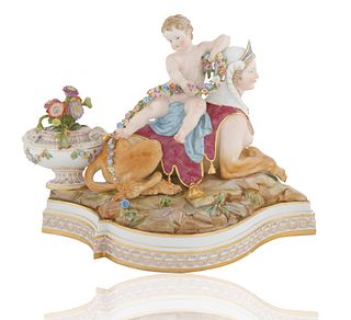 LARGE MEISSEN PORCELAIN GROUP OF 'SPHINX WITH CHILD'