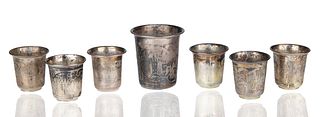 1845-1872 SET OF 7 SAMUEL ZACHARIAS FILANDER SILVER VODKA CUPS, ST. PETERSBURG