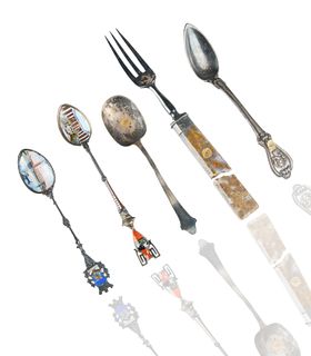 LATE 19TH-EARLY 20TH CENTURY GROUP OF 5 ASSORTED SILVER AND ENAMEL FLATWARE