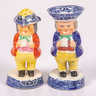 Two English Blue Willow Pattern Prestopan Toby Salt and Pepper