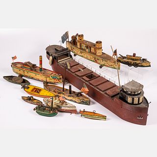 Eleven Antique Wood and Metal Lithograph Toy Ships