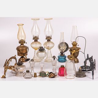 Collection of Glass and Brass Oil Lamps and Lamp Parts