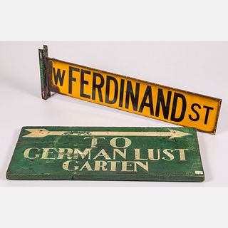 Two Vintage Enameled Metal and Painted Wood Signs