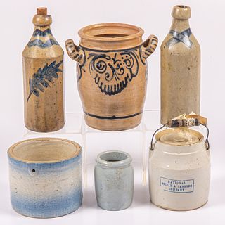 Six American Stoneware Crocks and Bottles