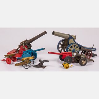 Ten Toy Painted Tin, Metal and Wood Toy Cannons