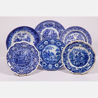 Six English Blue and White Transferware Plates 