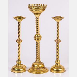 Three Brass Church Altar Candlesticks