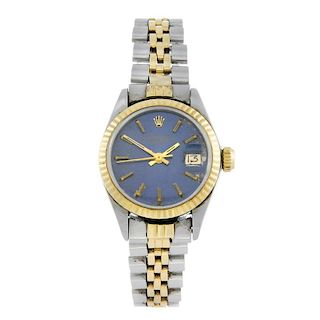 ROLEX - a lady's Oyster Perpetual Date bracelet watch. Circa 1972. Stainless steel case with yellow