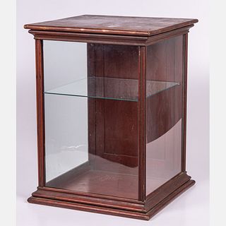 American Stained Pine and Glass Display Case With Glass Shelf
