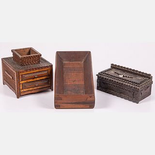 Two Tramp Art Box and Chest 
